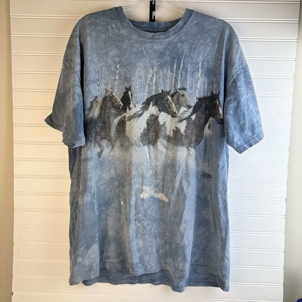 1999 The Mountain Wild Horses T-Shirt Wild Wings Blue Tie Dye XL 90s DISTRESSED